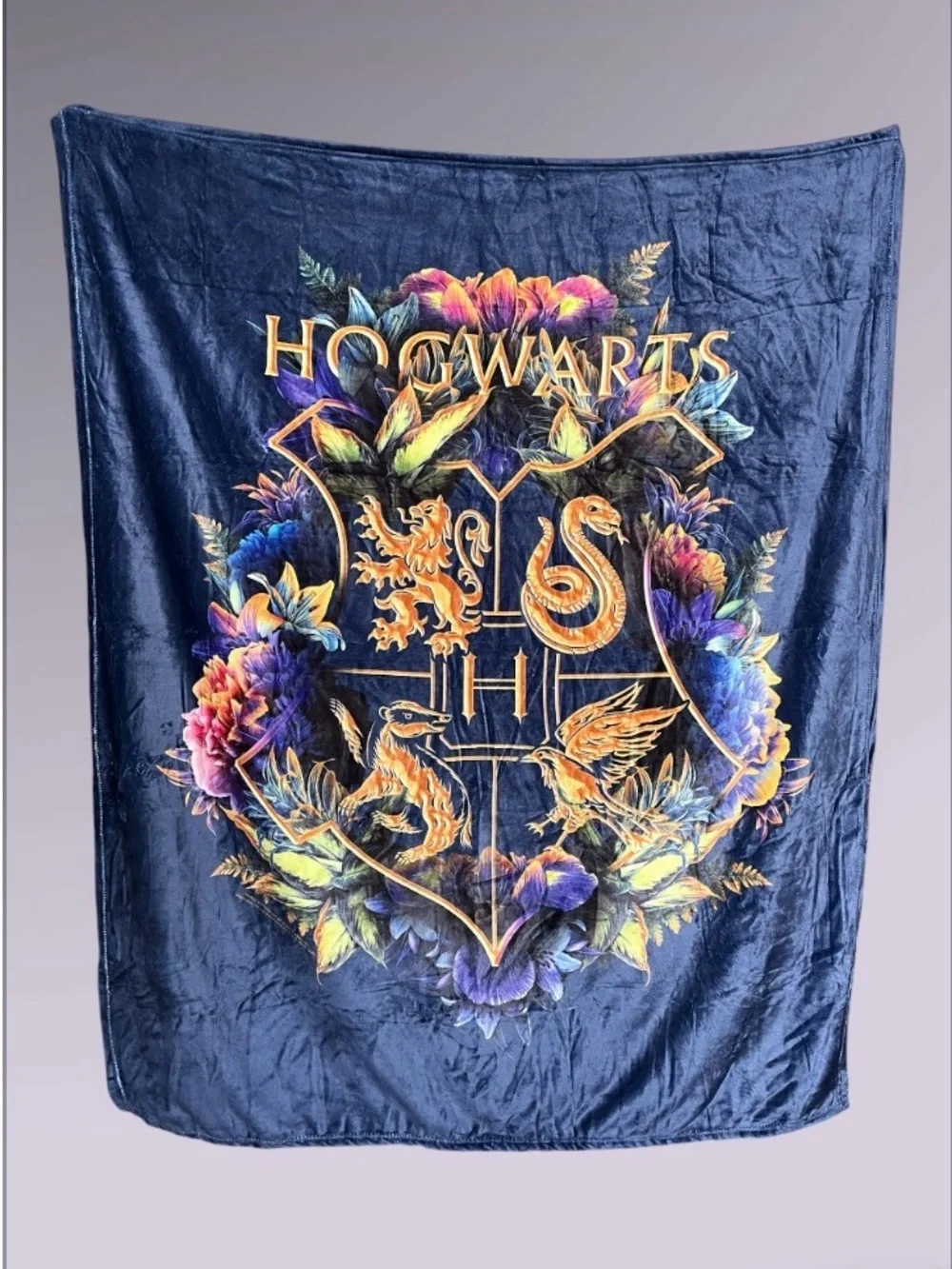 New Large Hogwarts Crest Plush Throw Blanket - Navy Blue